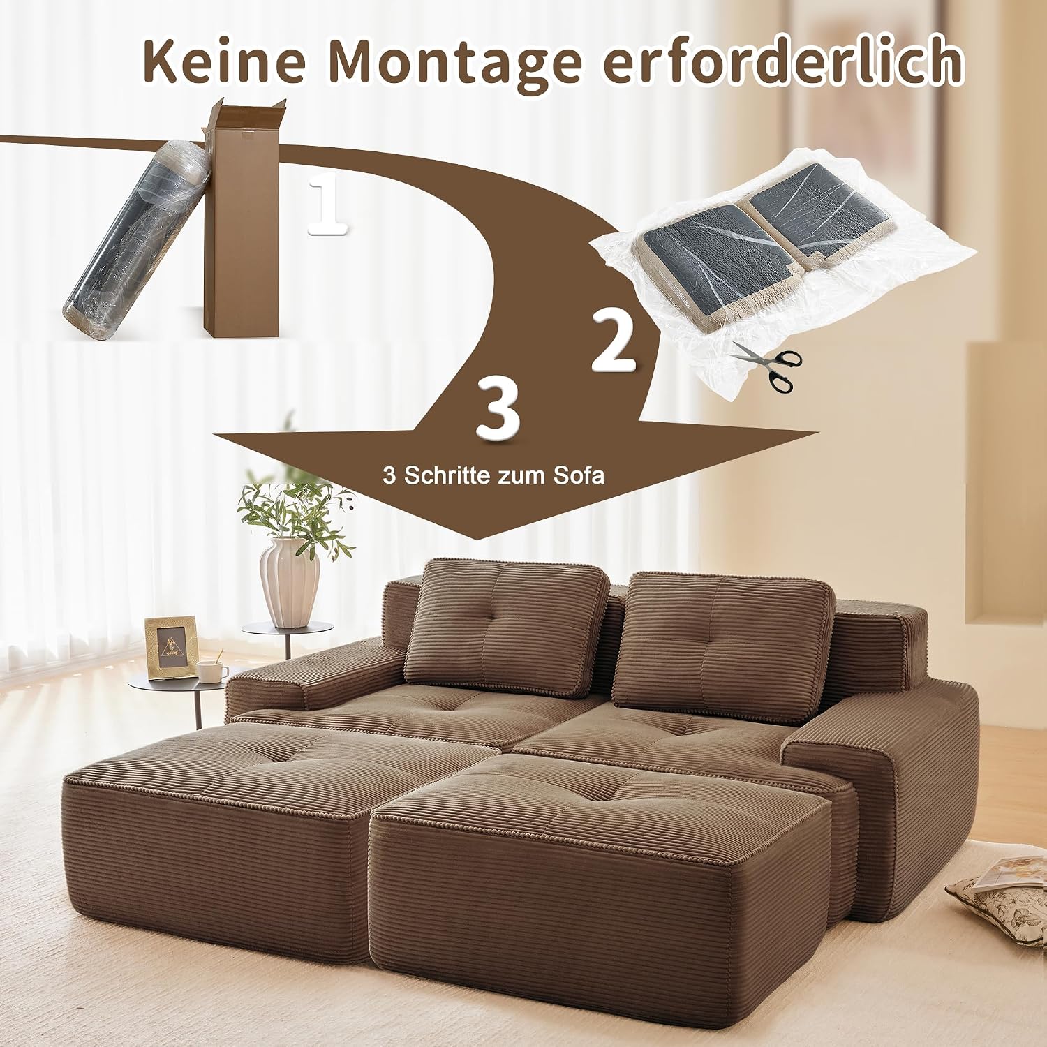 Canapé modulable en L Bladez – 3+1 places – Tissu côtelé kaki clair – Assise profonde