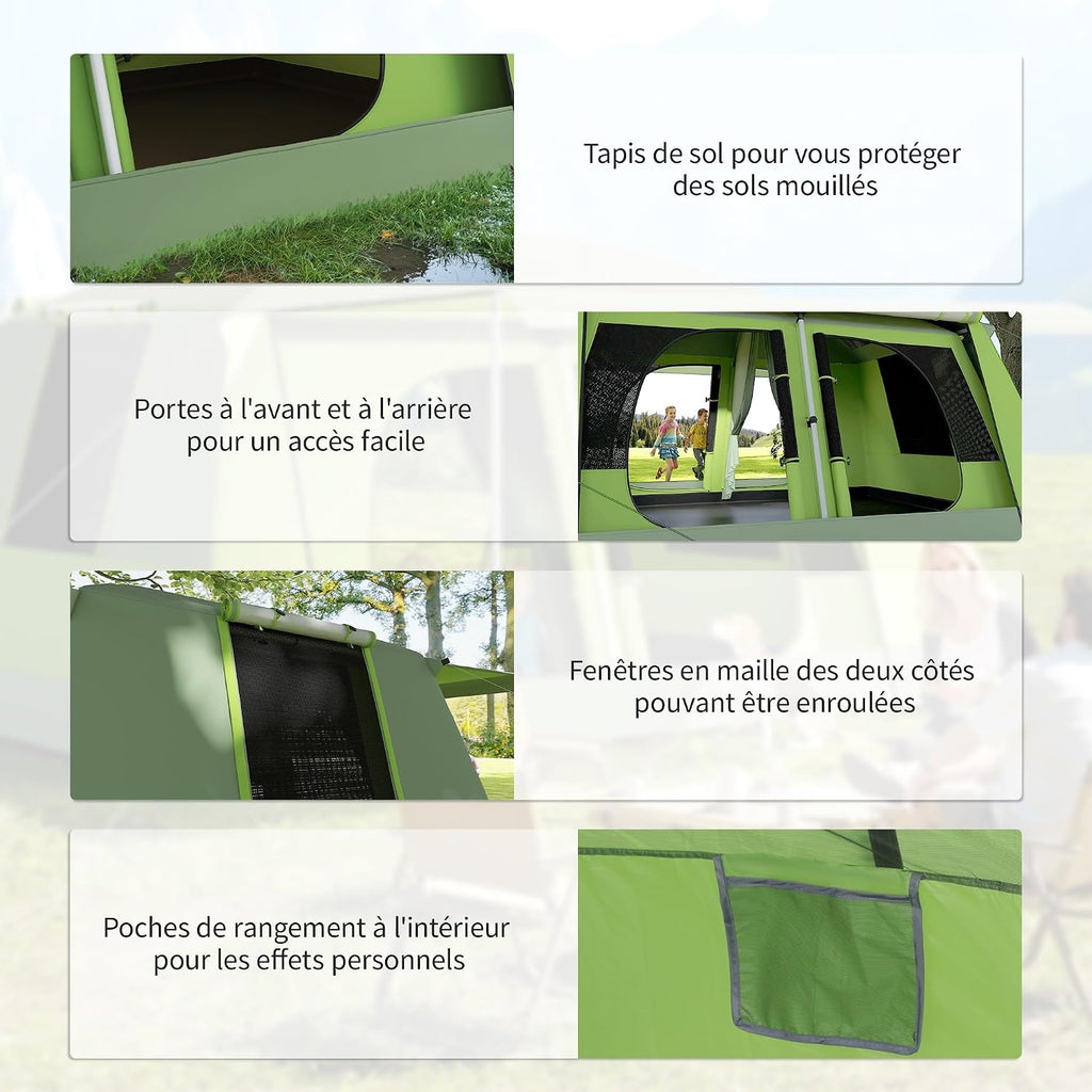 Outsunny Campingtent met veranda voor 4 personen, familietent, licht, draagbaar, eenvoudig te installeren, draagtas en haak, voor reizen, wandelen, 405 x 305 x 225 cm, groen