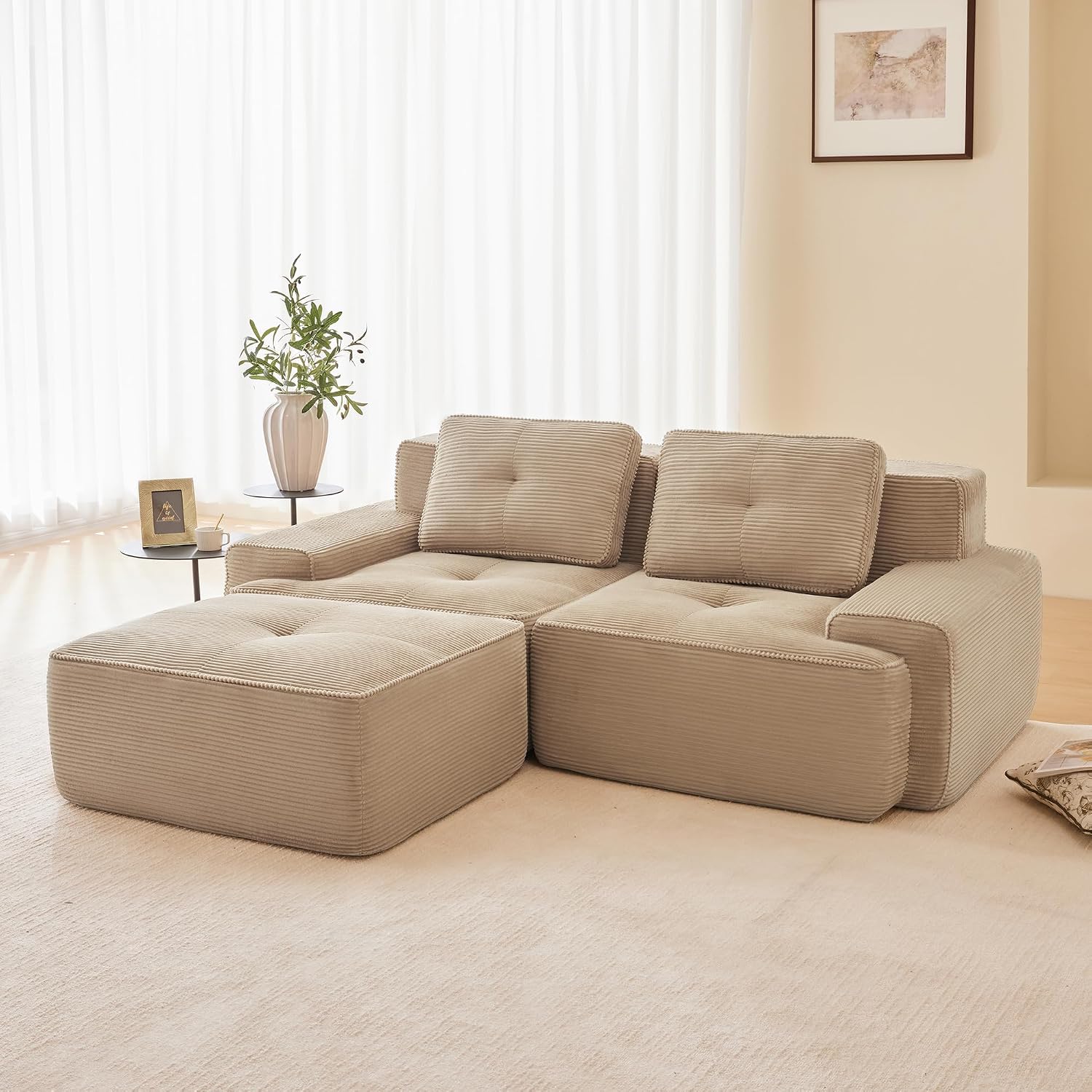 Canapé modulable en L Bladez – 3+1 places – Tissu côtelé kaki clair – Assise profonde