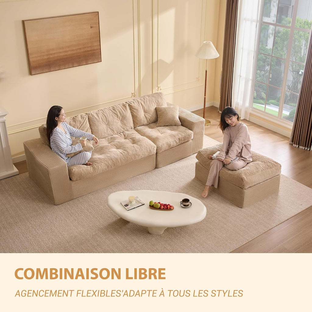 Canapé d'angle modulable Litbird – 3 places + pouf – Velours côtelé beige – Sans montage