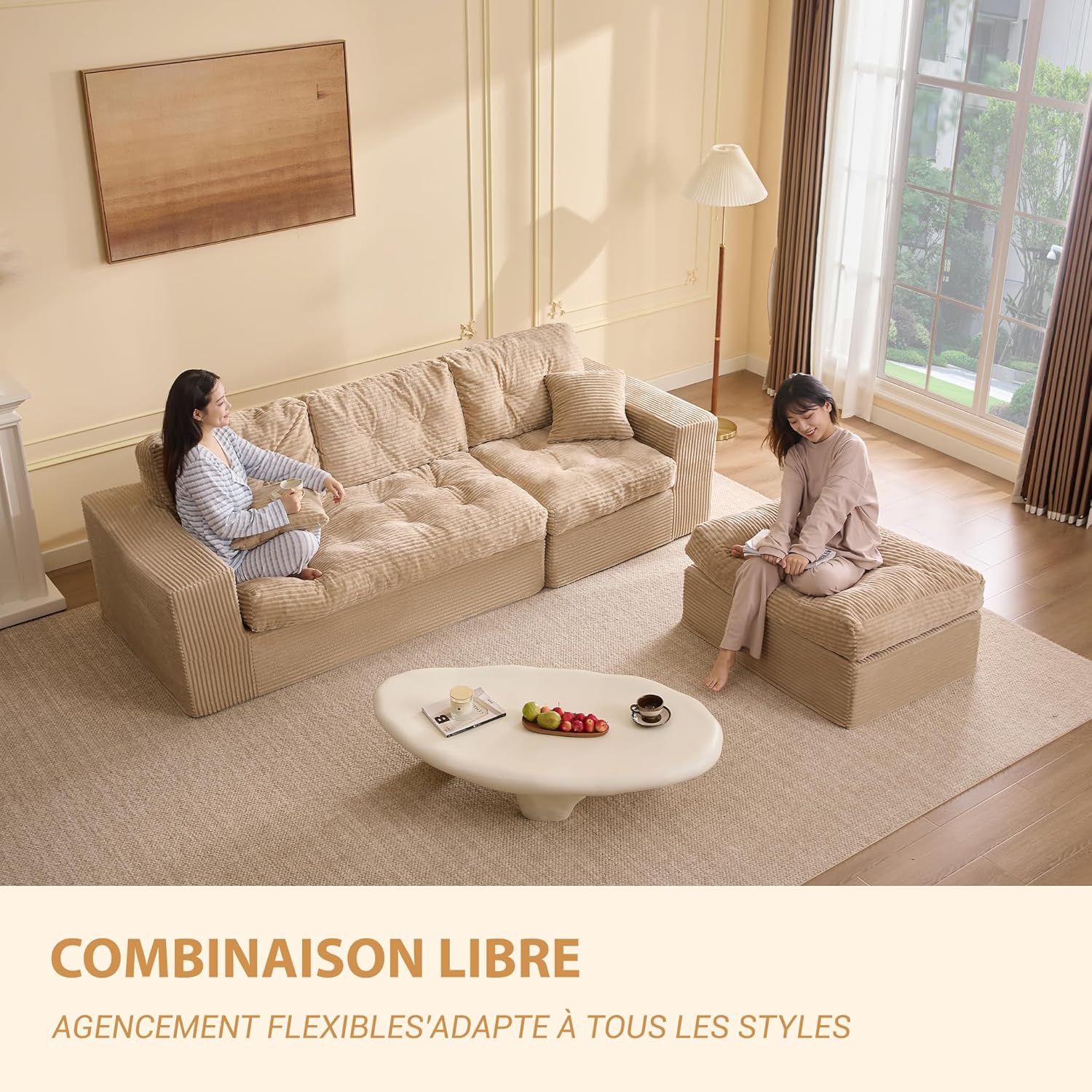 Canapé d'angle modulable Litbird – 3 places + pouf – Velours côtelé beige – Sans montage