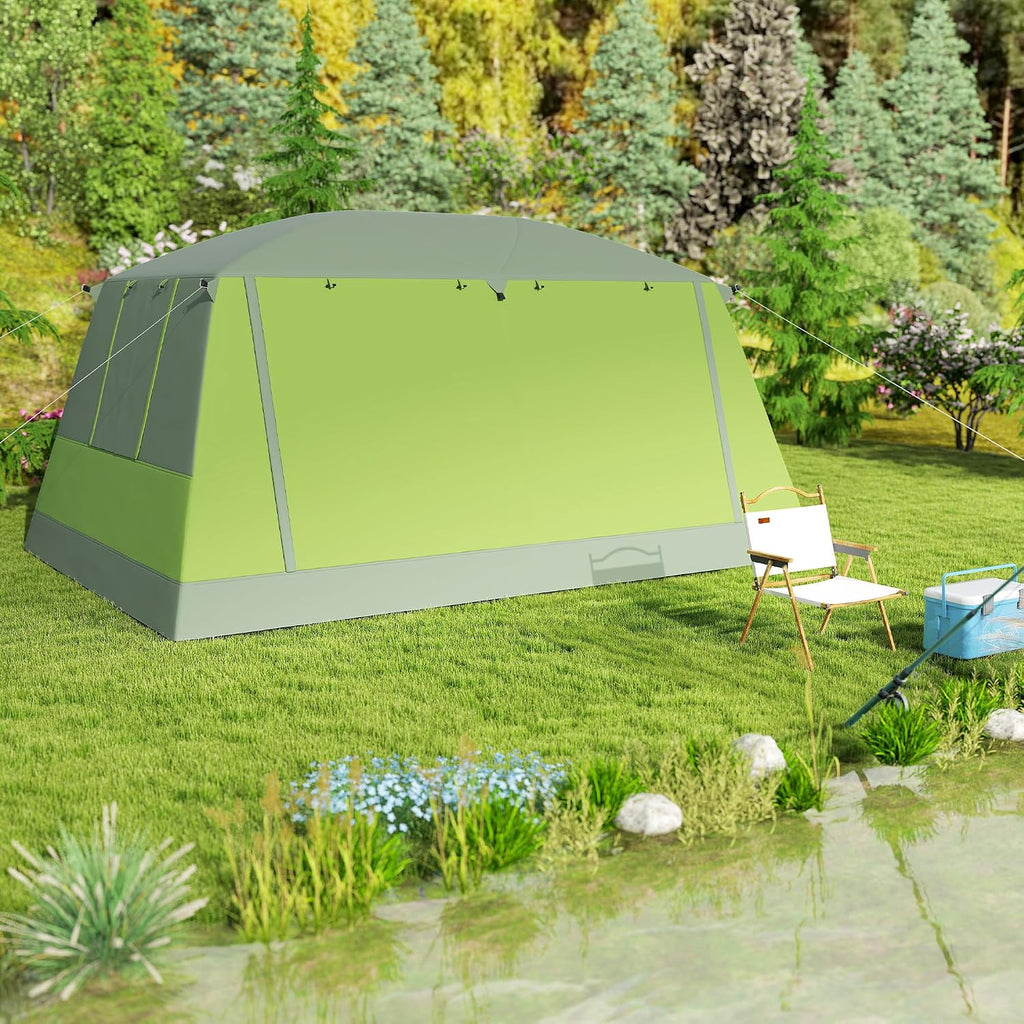 Outsunny Campingtent met veranda voor 4 personen, familietent, licht, draagbaar, eenvoudig te installeren, draagtas en haak, voor reizen, wandelen, 405 x 305 x 225 cm, groen