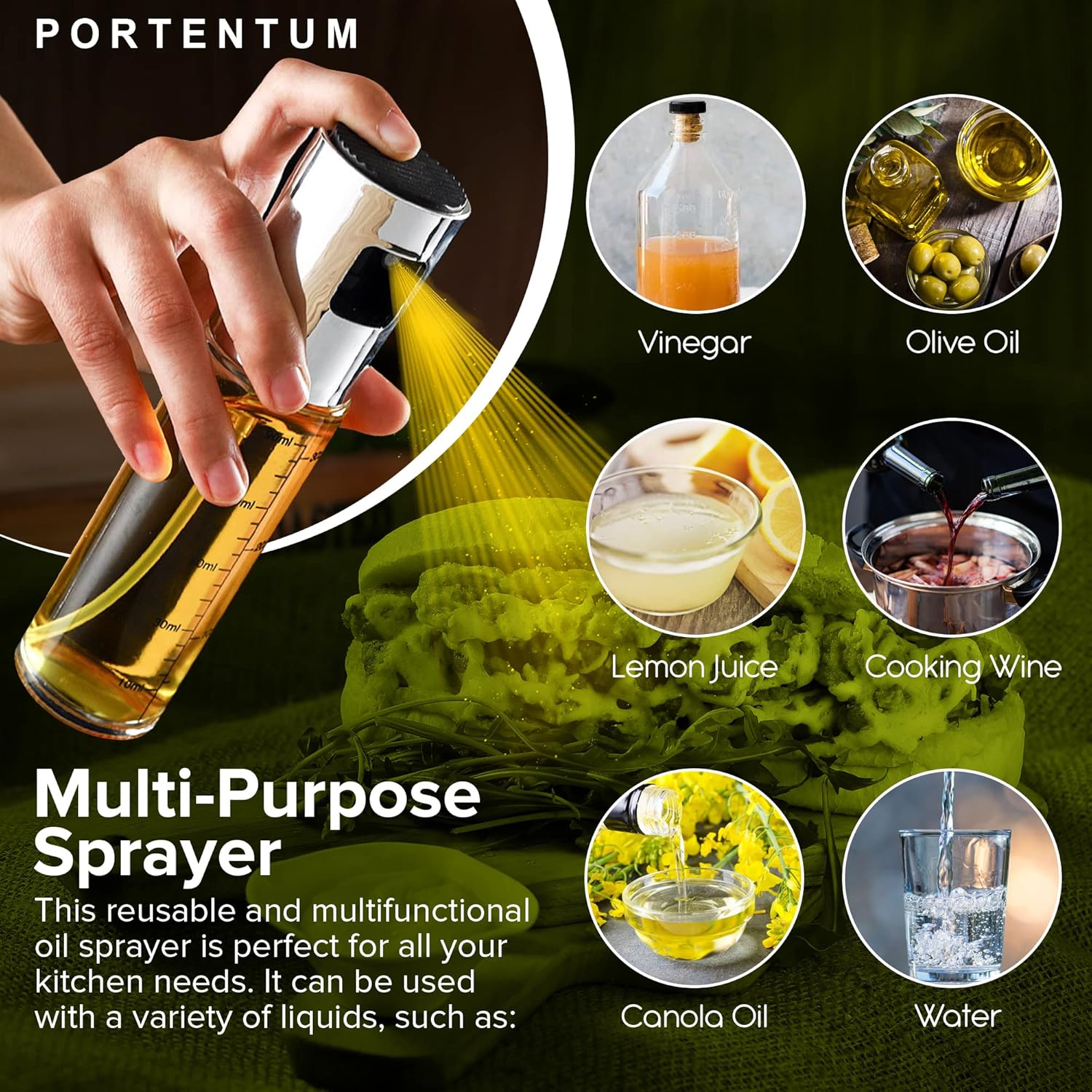 Vaporisateur Huile d'Olive PORTENTUM – Inox & Verre, 100 ml, Anti-Fuite, BBQ & Air Fryer