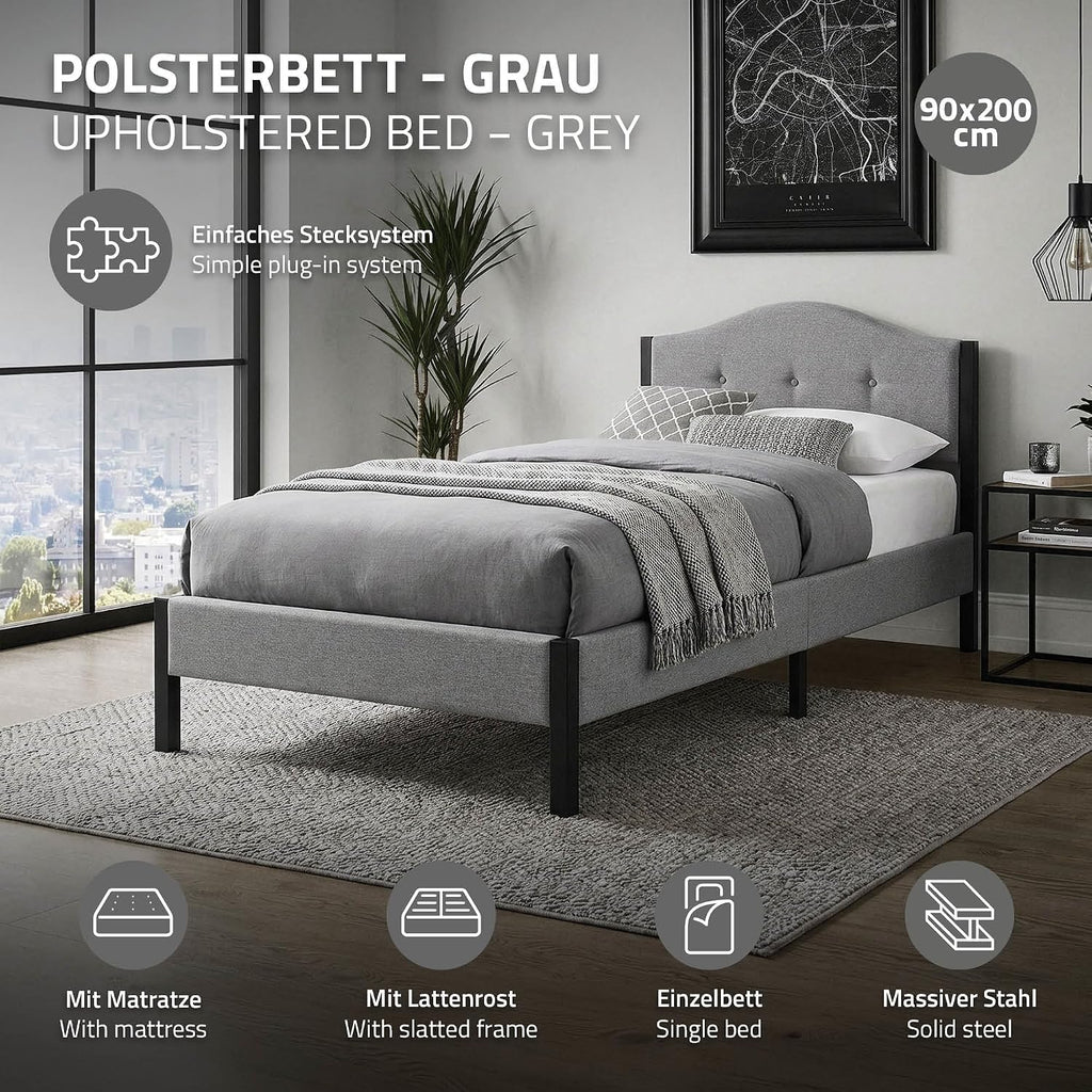 Lit Rembourré ML-Design | Cadre en Acier, Sommier à Lattes, Tête de Lit | Tissu Lin Beige ou Gris | 90/140/160/180 x 200 cm