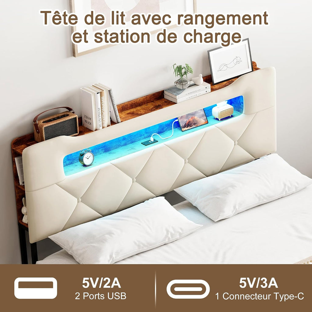 Lit Double 140x200 cm – 4 Tiroirs de Rangement, Éclairage LED +6000 Couleurs & Tête de Lit Réglable en PU