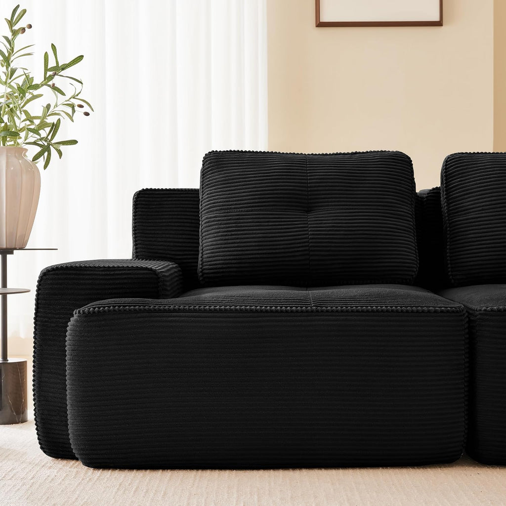 Canapé modulable en L Bladez – 3+1 places – Tissu côtelé kaki clair – Assise profonde