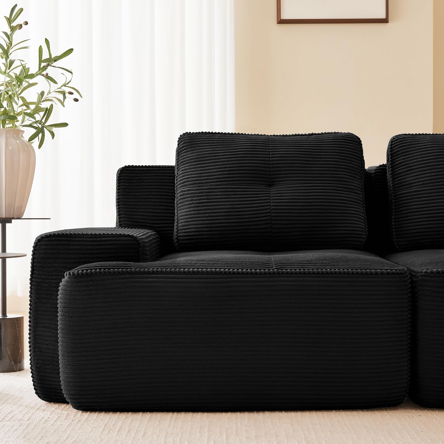 Canapé modulable en L Bladez – 3+1 places – Tissu côtelé kaki clair – Assise profonde