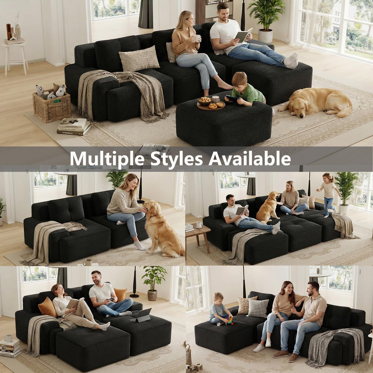 Canapé modulable en L Bladez – 3+1 places – Tissu côtelé kaki clair – Assise profonde