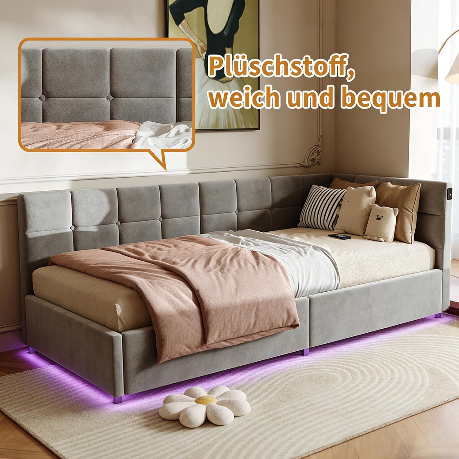Canapé-Lit Convertible LKPOMI 2 Places — Velours Beige, Lit 180x200 cm