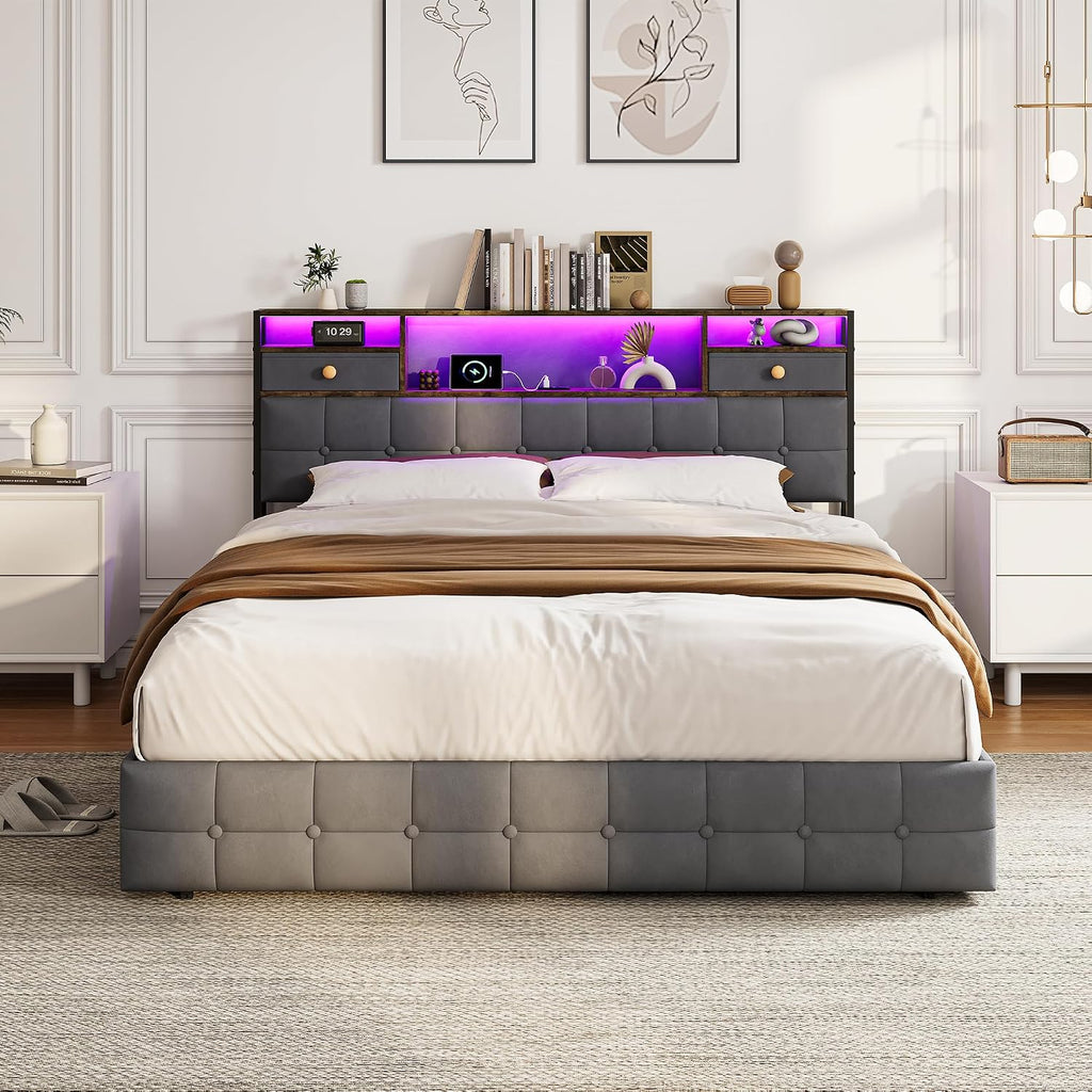 Lit Double 140x200 cm – 4 Tiroirs de Rangement, Éclairage LED +6000 Couleurs & Tête de Lit Réglable en PU