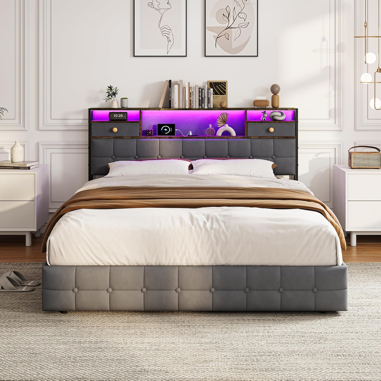 Lit Double 140x200 cm – 4 Tiroirs de Rangement, Éclairage LED +6000 Couleurs & Tête de Lit Réglable en PU