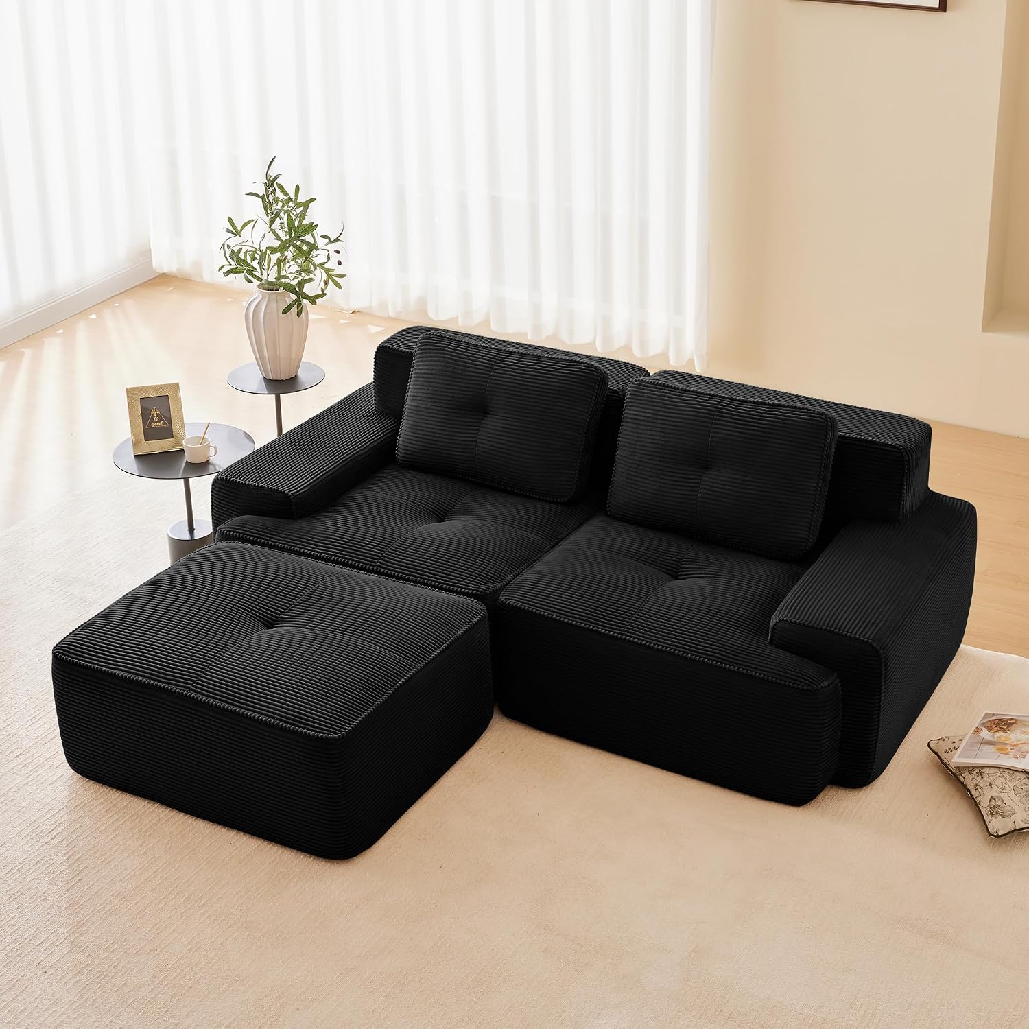 Canapé modulable en L Bladez – 3+1 places – Tissu côtelé kaki clair – Assise profonde