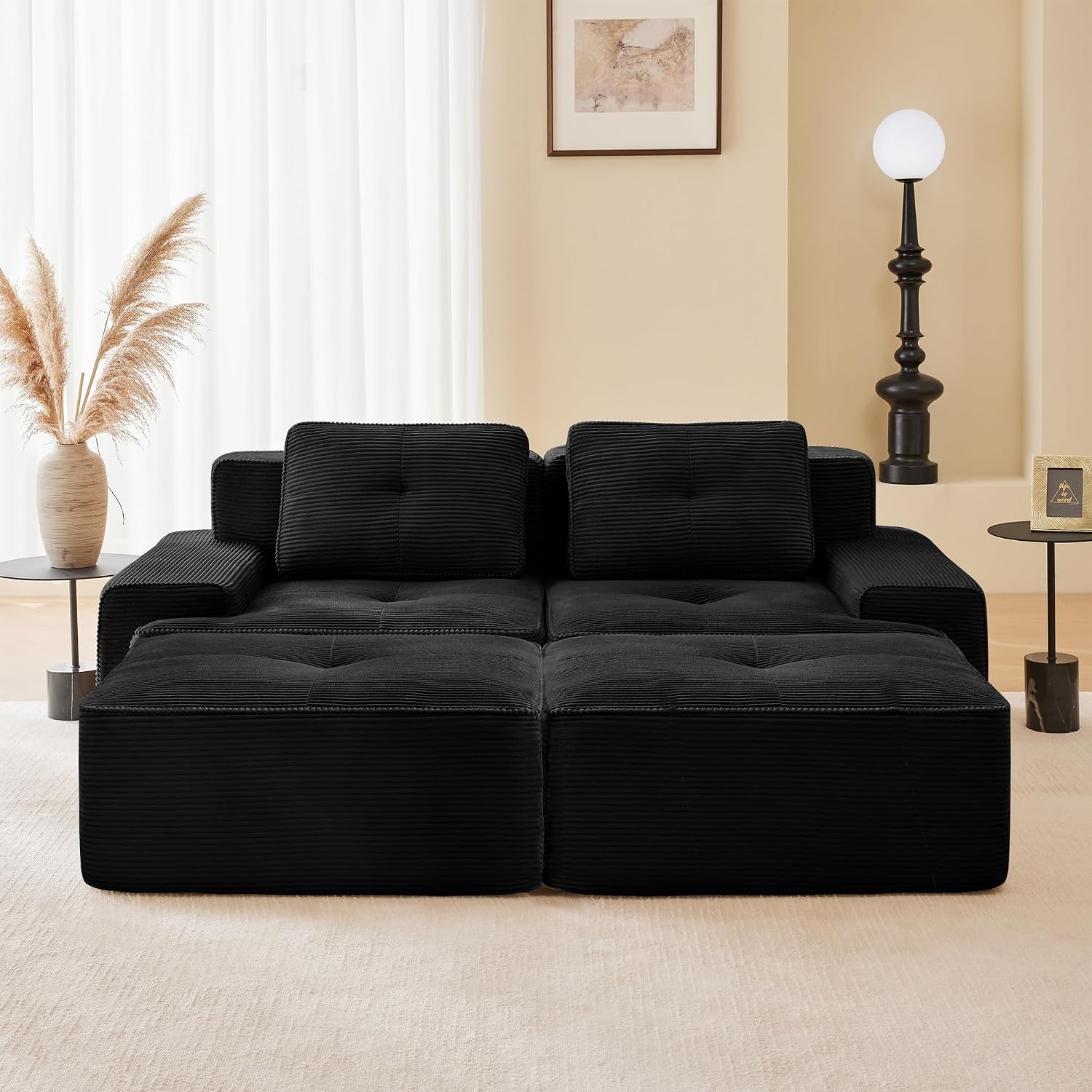 Canapé modulable en L Bladez – 3+1 places – Tissu côtelé kaki clair – Assise profonde