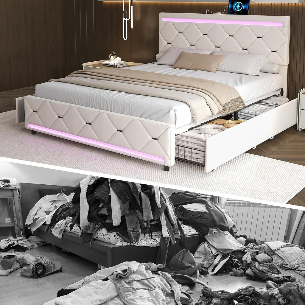 Lit Double 140x200 cm – 4 Tiroirs de Rangement, Éclairage LED +6000 Couleurs & Tête de Lit Réglable en PU