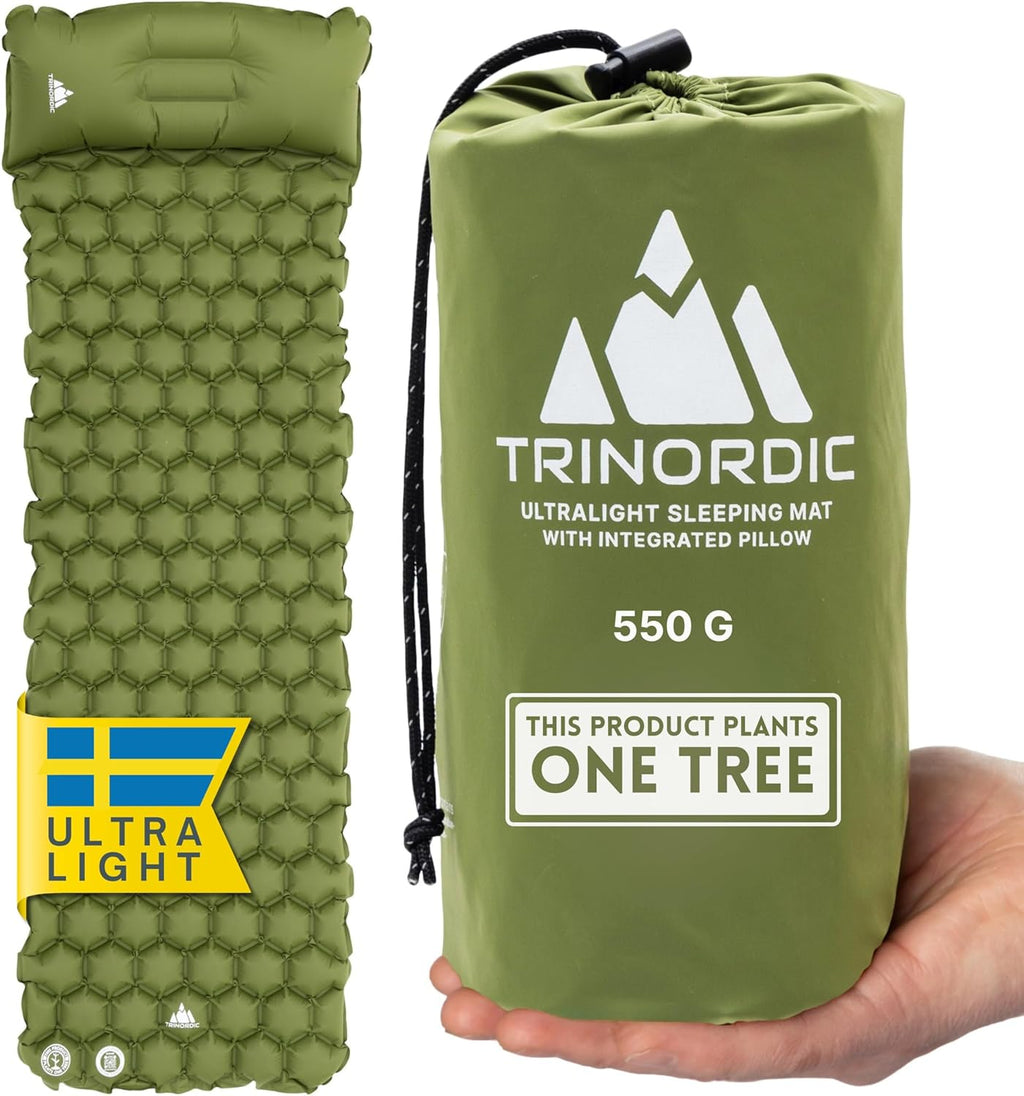 Trinordic campingmat uiterst lichte opblaasbare slaapmat met kussen, opvouwbaar opblaasbaar licht eenpersoonsbed, draagbaar luchtkussen, voor buiten, backpacken, wandelen, reizen
