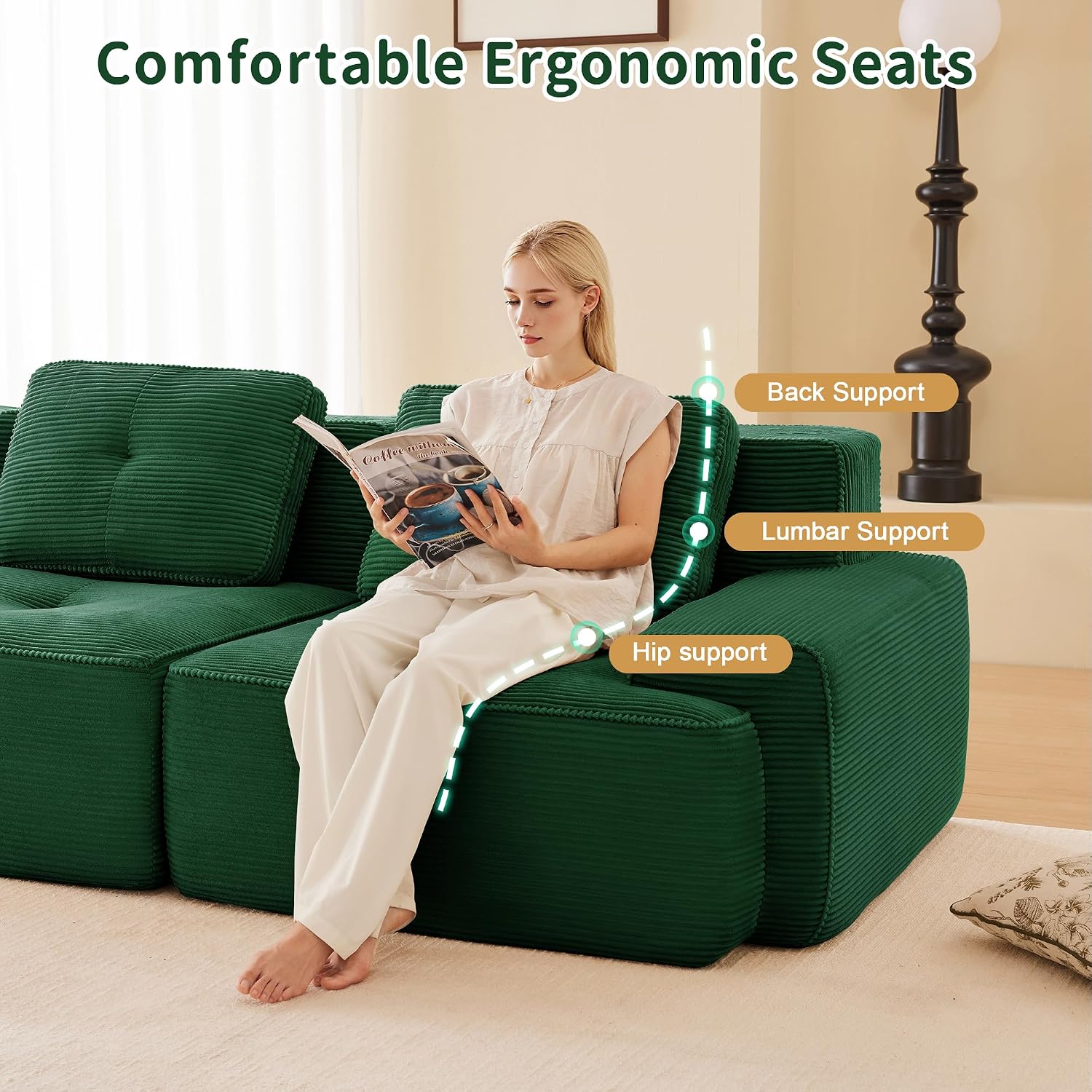 Canapé modulable en L Bladez – 3+1 places – Tissu côtelé kaki clair – Assise profonde
