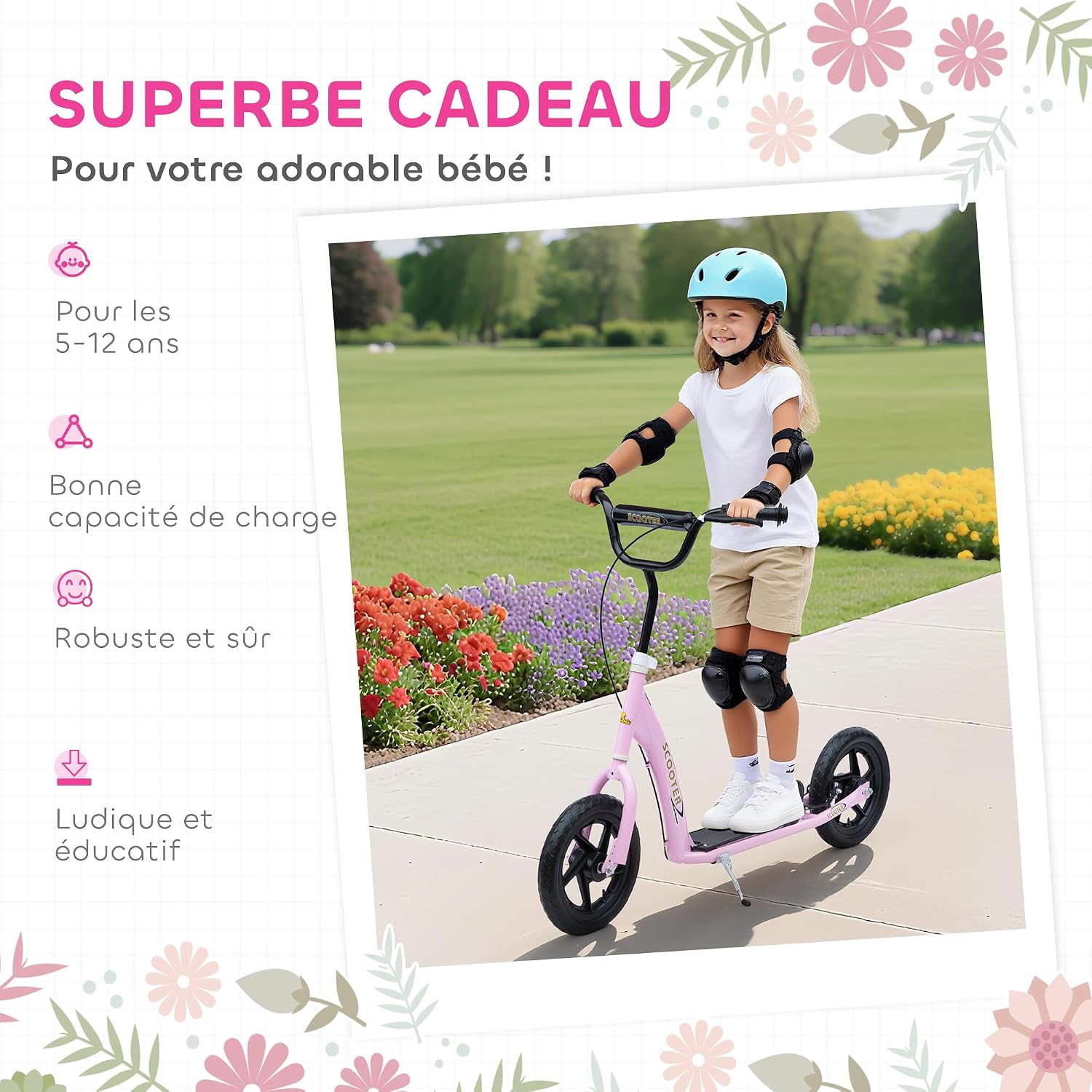 HOMCOM Scooter met banden, 30 cm, hoogte verstelbaar stuur, handgreep rem en standaard