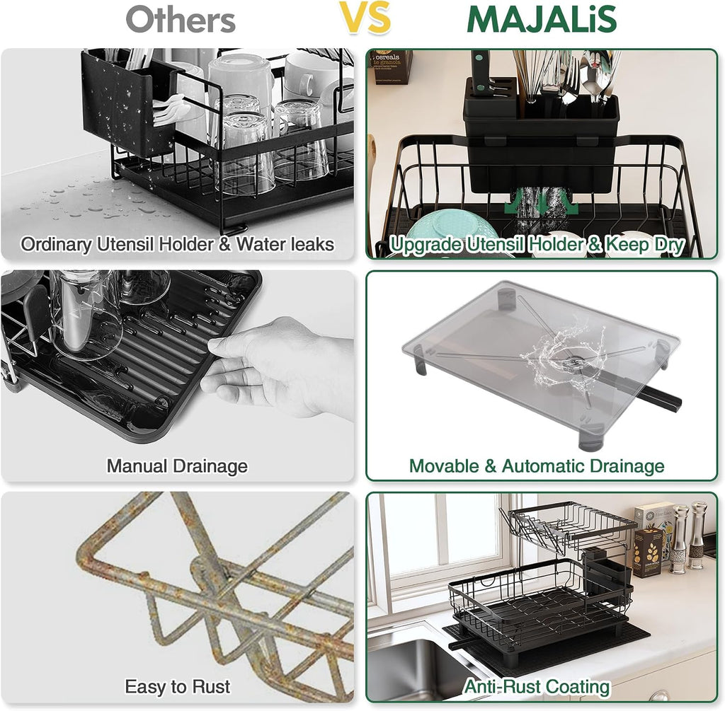 Égouttoir à Vaisselle 2 Niveaux MAJALiS Noir – Inox, Drainage Auto 360°, Tapis Inclus, 43 x 33 cm