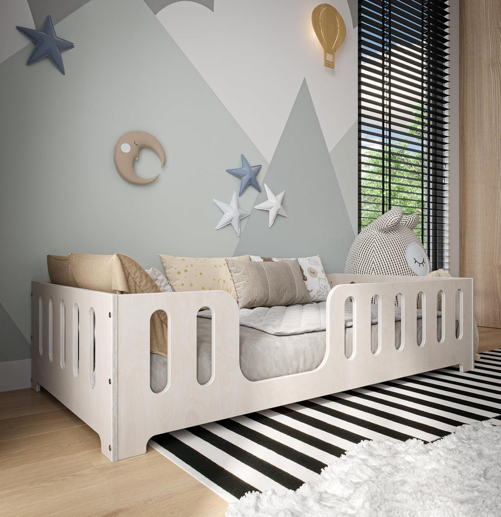 Lit Montessori Enfant 90 x 200 cm – Bois de Hêtre Naturel – Barrière de Sécurité & Sommier à Lattes