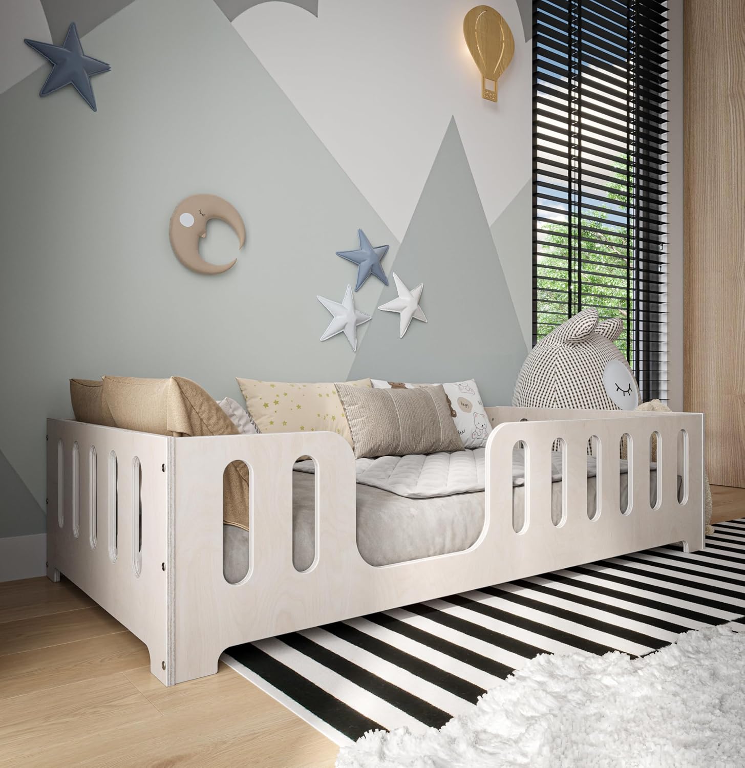 Lit Montessori Enfant 90 x 200 cm – Bois de Hêtre Naturel – Barrière de Sécurité & Sommier à Lattes