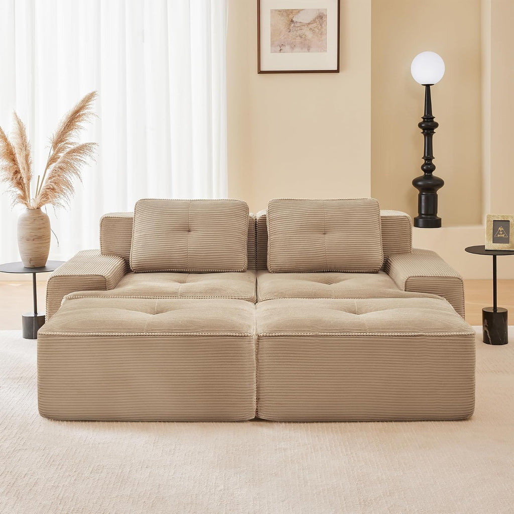 Canapé modulable en L Bladez – 3+1 places – Tissu côtelé kaki clair – Assise profonde