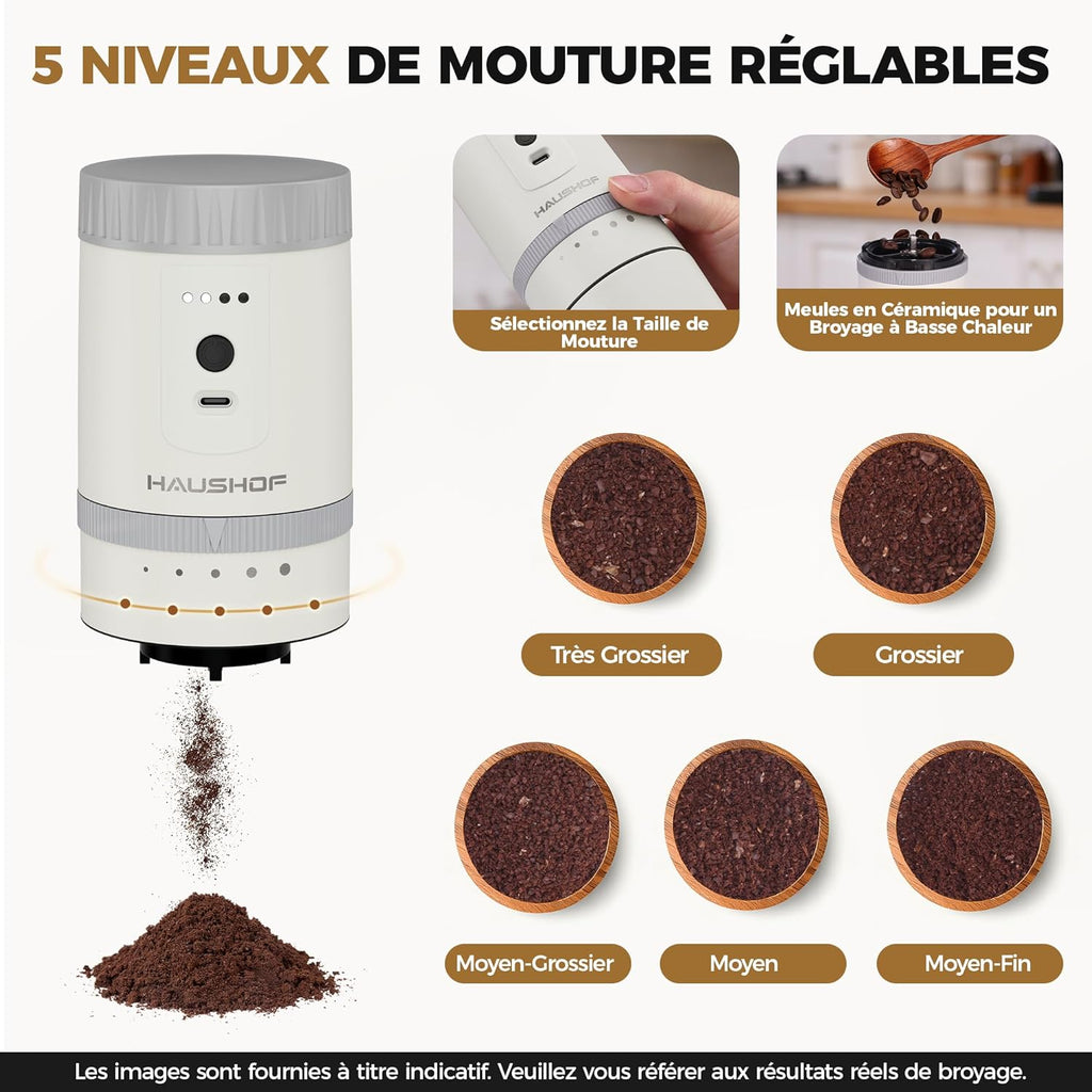 HAUSHOF Draagbare alles-in-één koffiezetapparaat met geïntegreerde molen, 5 maalinstellingen, USB-C oplaadbaar, 300 ml, ideaal voor reizen en kamperen, zwart