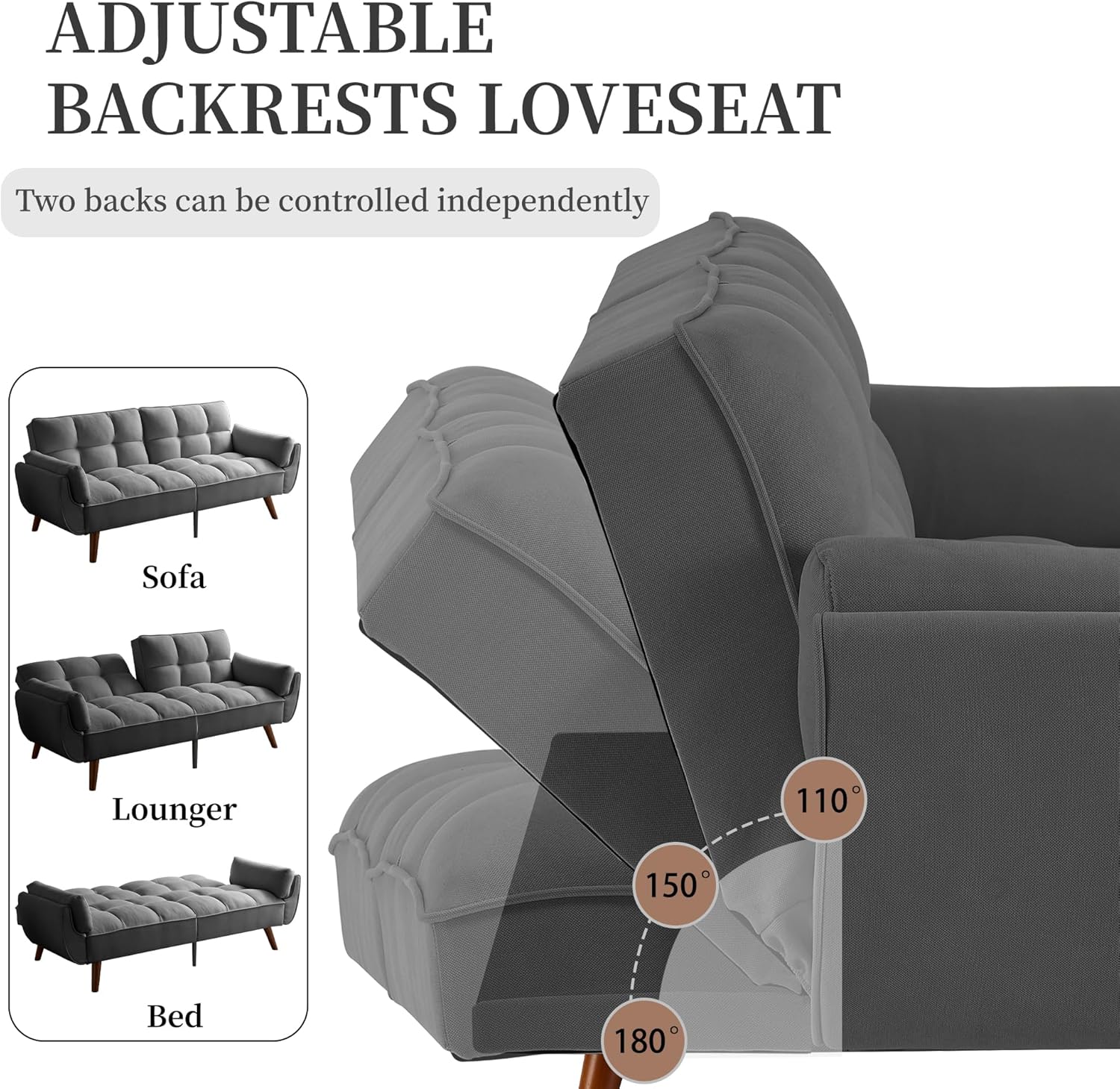 Canapé-lit convertible JIEXI – 3 places – Tissu gris – Dossier 3 positions – 170 cm