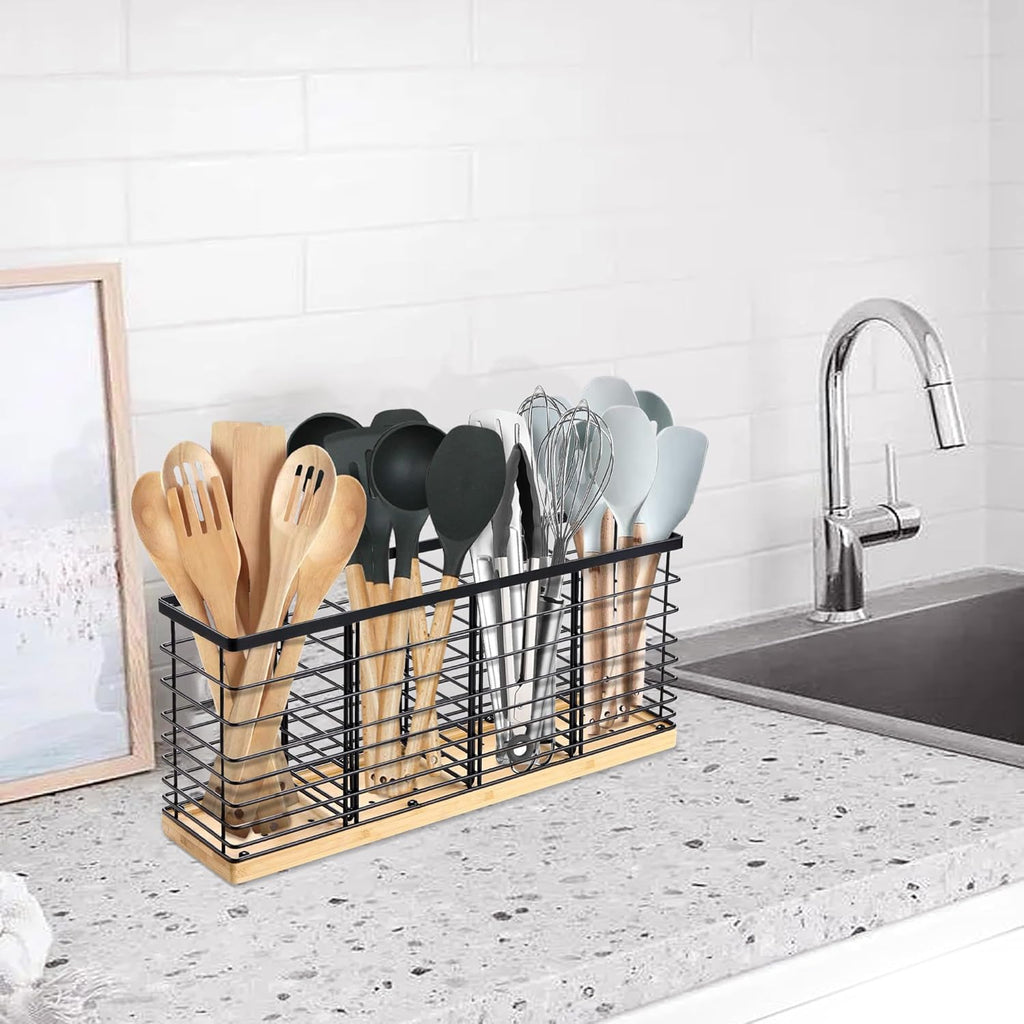 Porte-Ustensiles Suli 4 Compartiments – Métal Noir Mat & Base Bois, 40 x 11 cm, Style Rustique