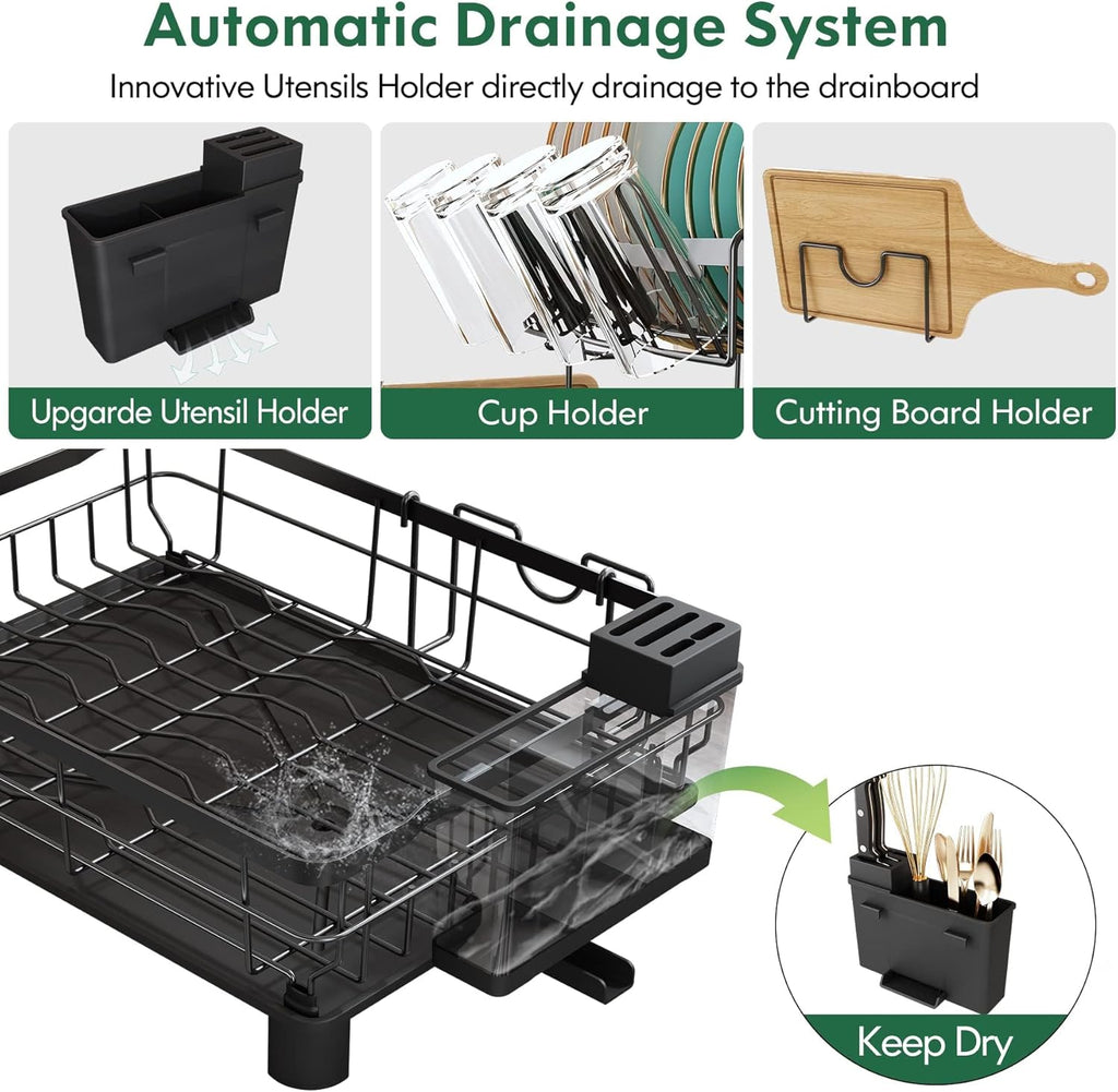 Égouttoir à Vaisselle 2 Niveaux MAJALiS Noir – Inox, Drainage Auto 360°, Tapis Inclus, 43 x 33 cm