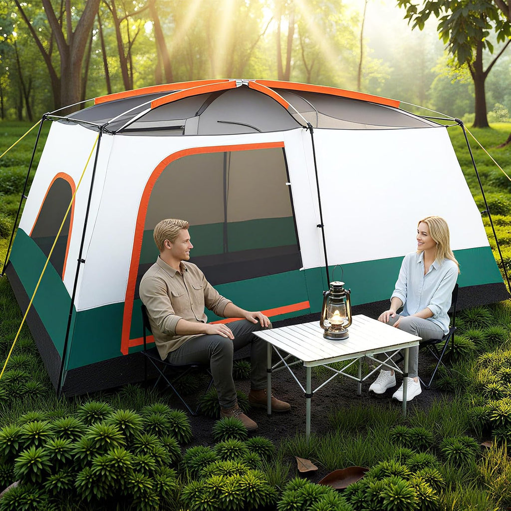 GYMAX Grote campingtent met luifel, 2 aparte slaapkamers, dakraam, afneembaar regenzeil, deuren en ramen, oprolbaar, voor buiten, concerten, picknick