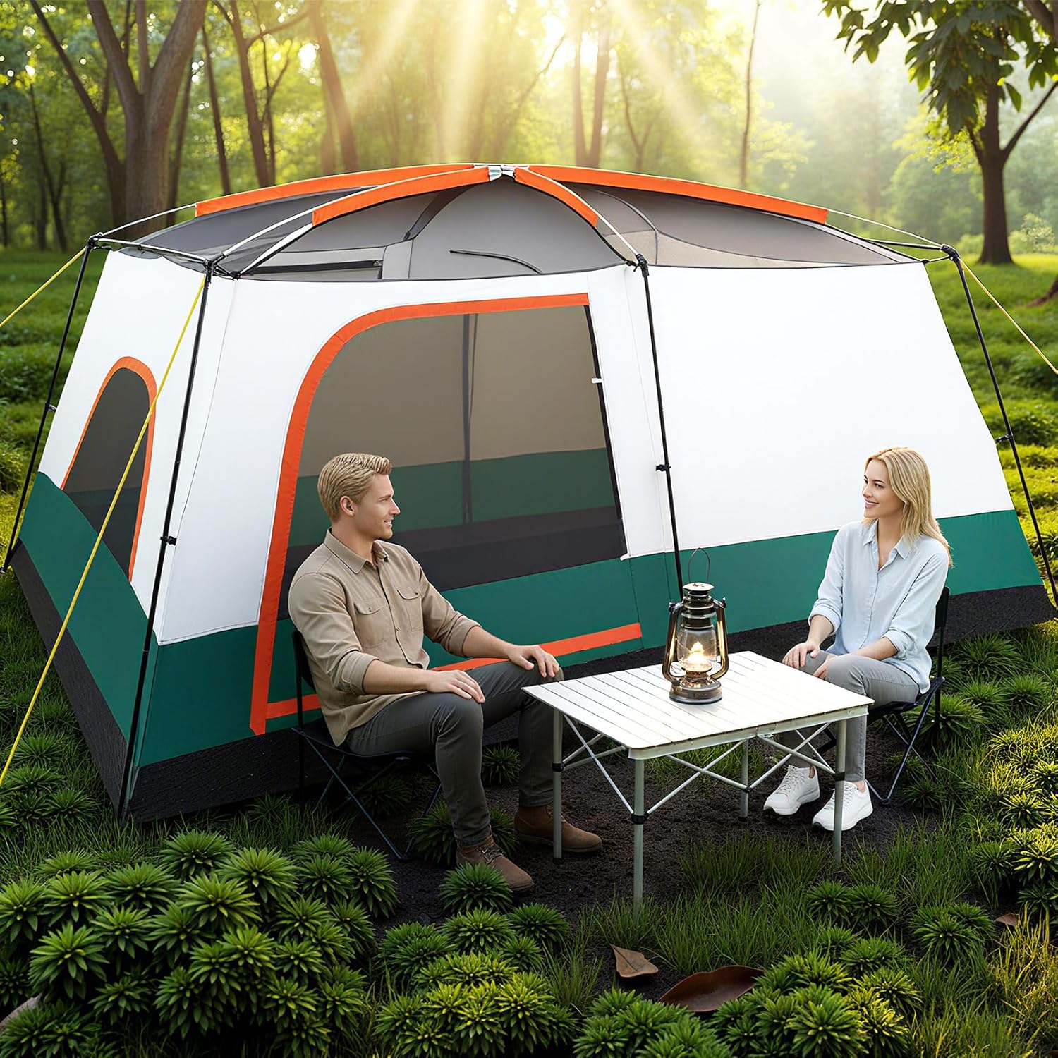 GYMAX Grote campingtent met luifel, 2 aparte slaapkamers, dakraam, afneembaar regenzeil, deuren en ramen, oprolbaar, voor buiten, concerten, picknick