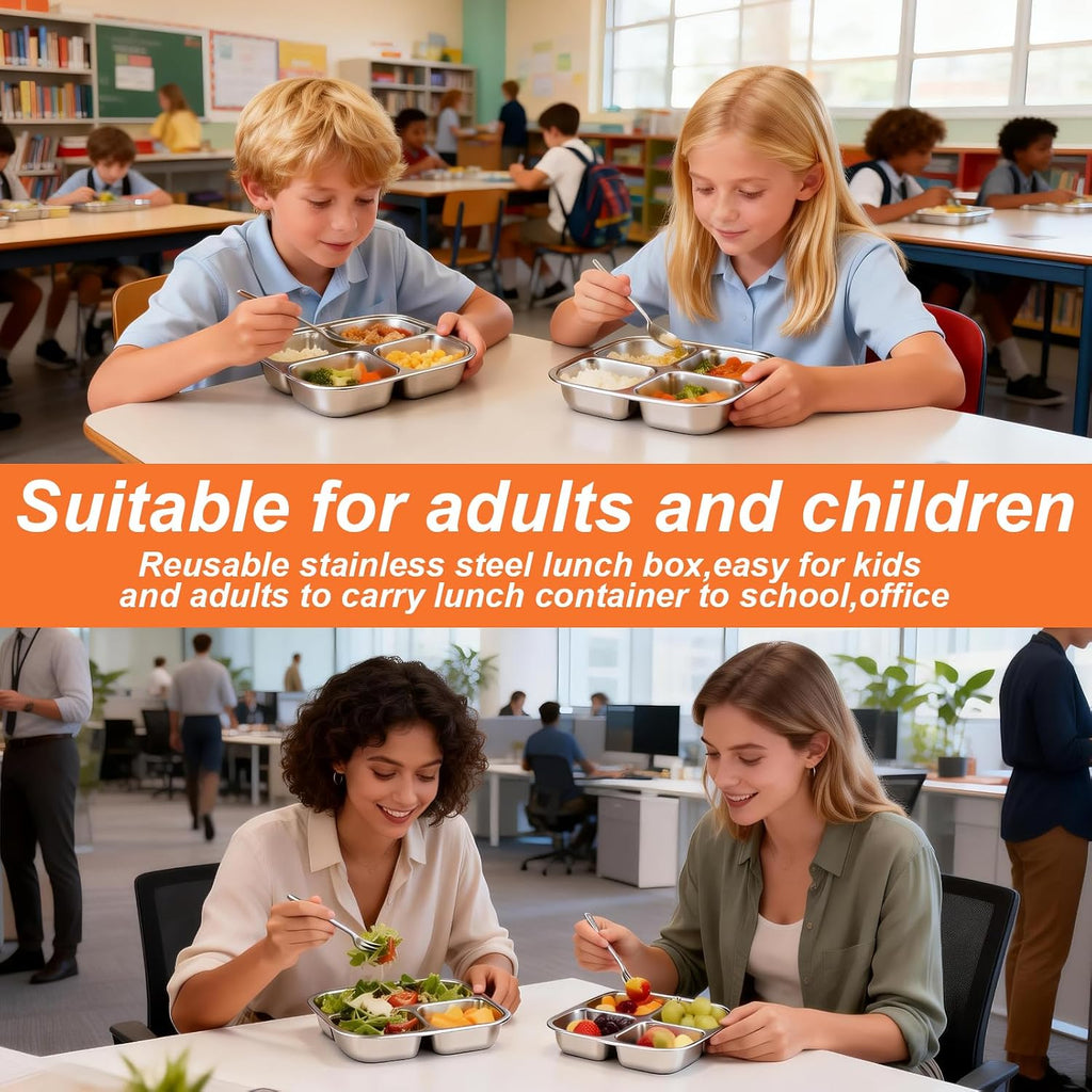 Snack Boxes with 4 Compartments, Reusable Stainless Steel Lunch Boxes for Kids and Adults, Leakproof Bento Boxes with Lids for Home Work (2 Pack)