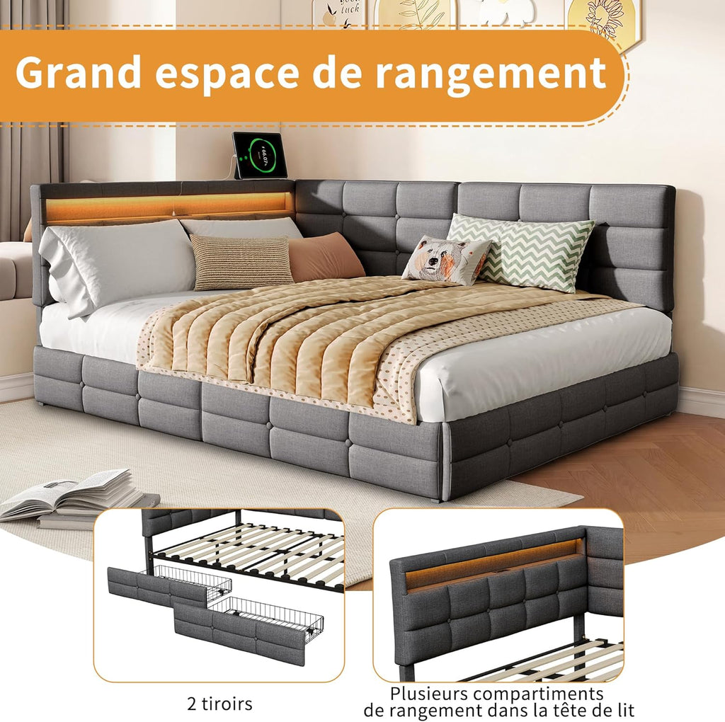 Lit Coffre 90x200 cm – Tête de Lit Rangement, Éclairage LED 16 Couleurs & Ports USB/USB-C