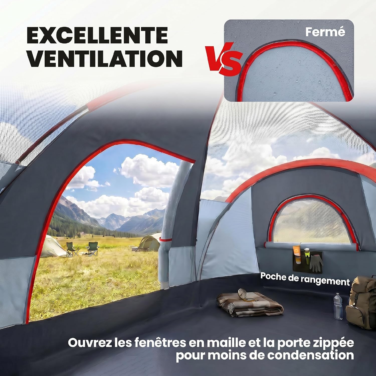 Outsunny Tente de Camping familiale 5-6 pers. - Tente Tunnel étanche légère ventilée Facile à Monter - Grande Porte + 3 fenêtres - dim. 4,55L x 2,2l x 1,8H m Fibre Verre Polyester Oxford