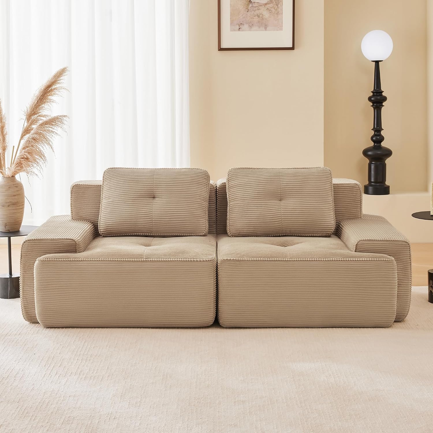 Canapé modulable en L Bladez – 3+1 places – Tissu côtelé kaki clair – Assise profonde