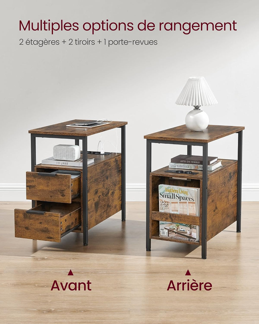 Table de Chevet VASAGLE avec Multiprise – 2 Tiroirs, USB, Style Vintage, 35 x 61 cm