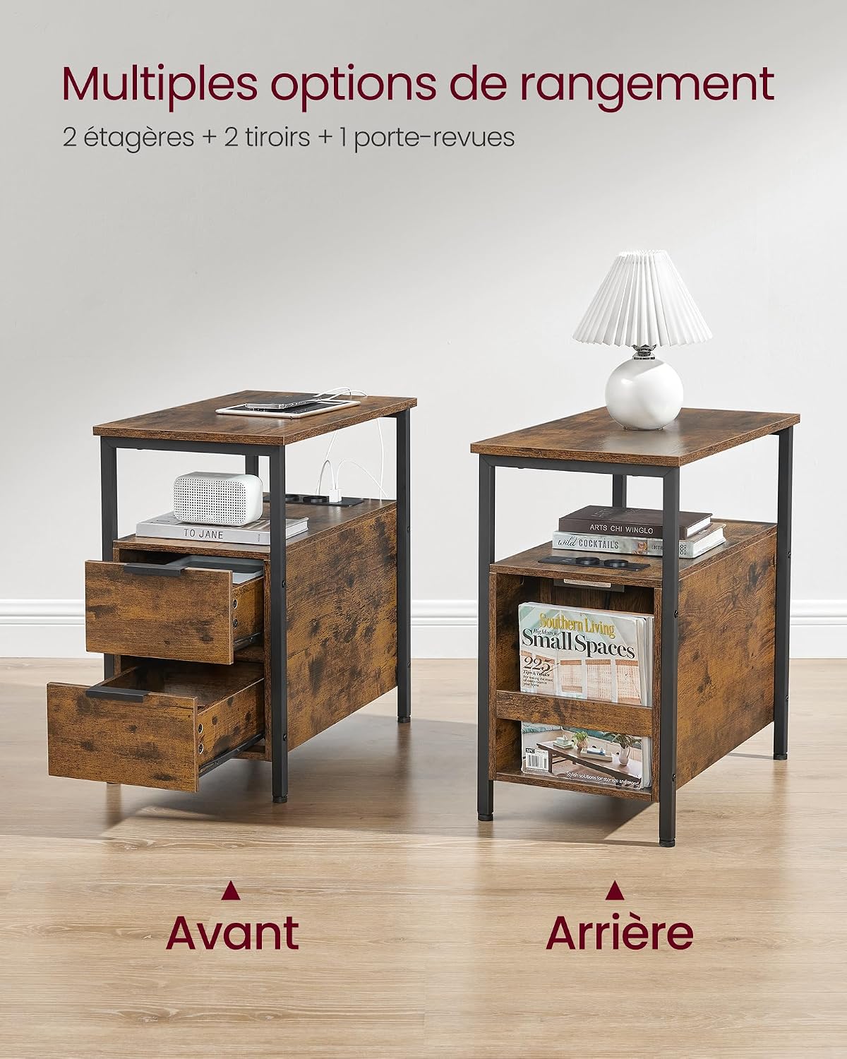 Table de Chevet VASAGLE avec Multiprise – 2 Tiroirs, USB, Style Vintage, 35 x 61 cm