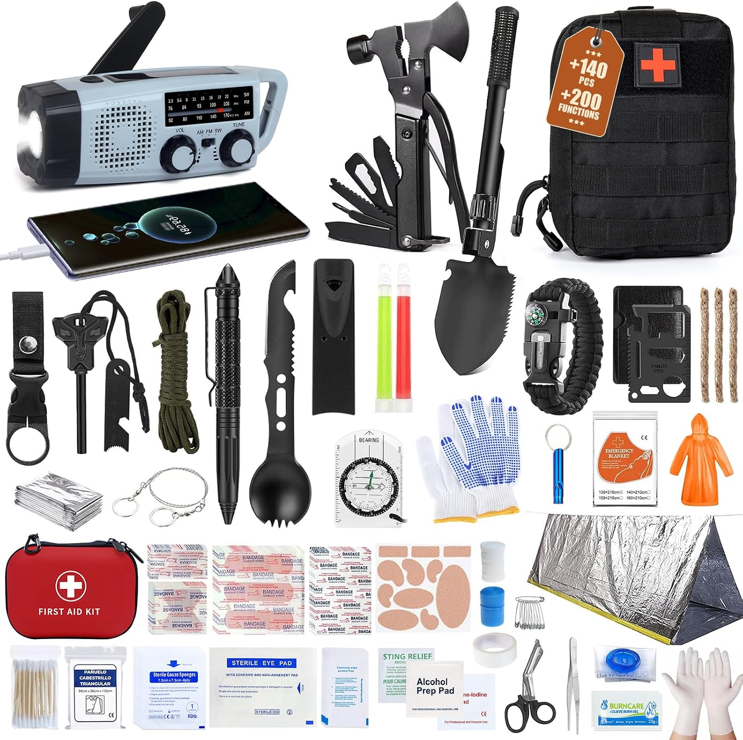 Gemmac 140 stuks EHBO-set met survivalmes, noodradio, draagbaar, multifunctioneel, complete survivalset, gereedschap voor mannen, thuis, reizen, jacht, kamperen, wandelen, accessoires, cadeau