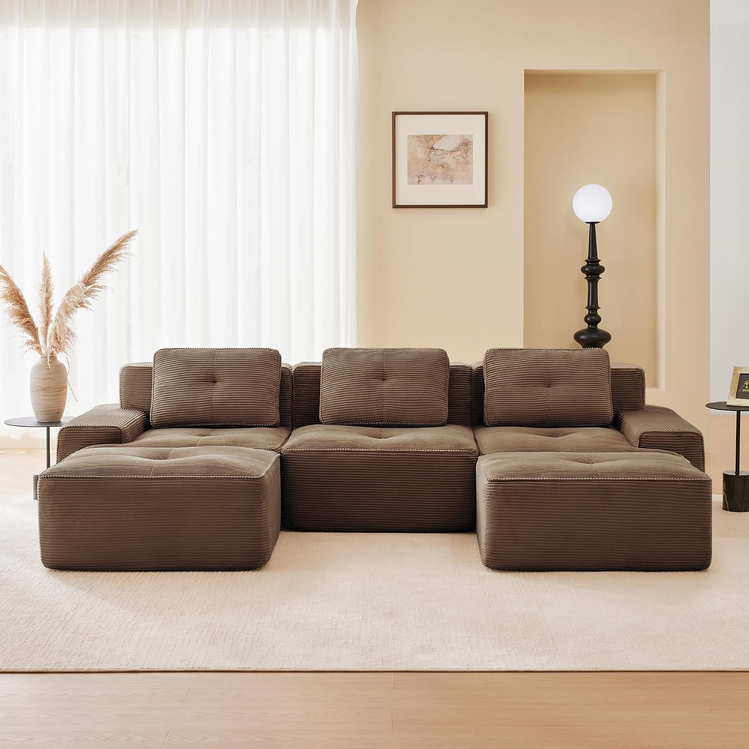 Canapé modulable en L Bladez – 3+1 places – Tissu côtelé kaki clair – Assise profonde
