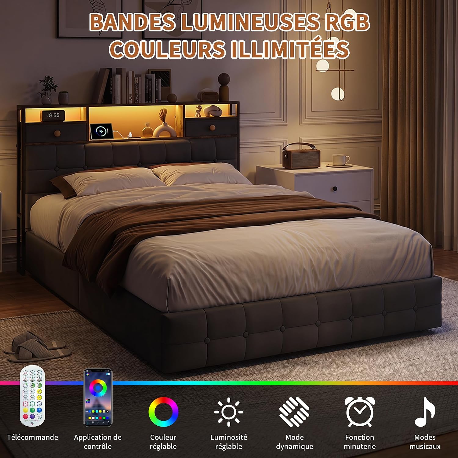 Lit Double 140x200 cm – 4 Tiroirs de Rangement, Éclairage LED +6000 Couleurs & Tête de Lit Réglable en PU