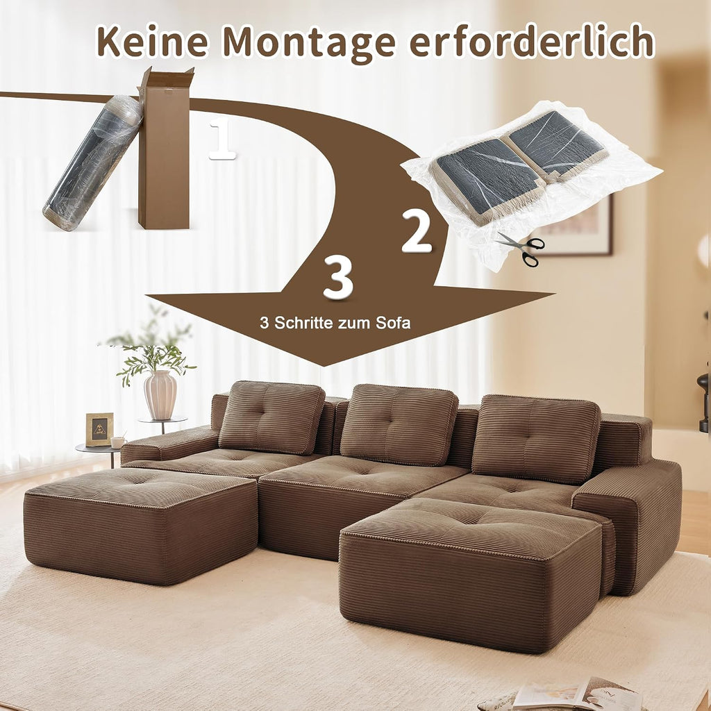 Canapé modulable en L Bladez – 3+1 places – Tissu côtelé kaki clair – Assise profonde
