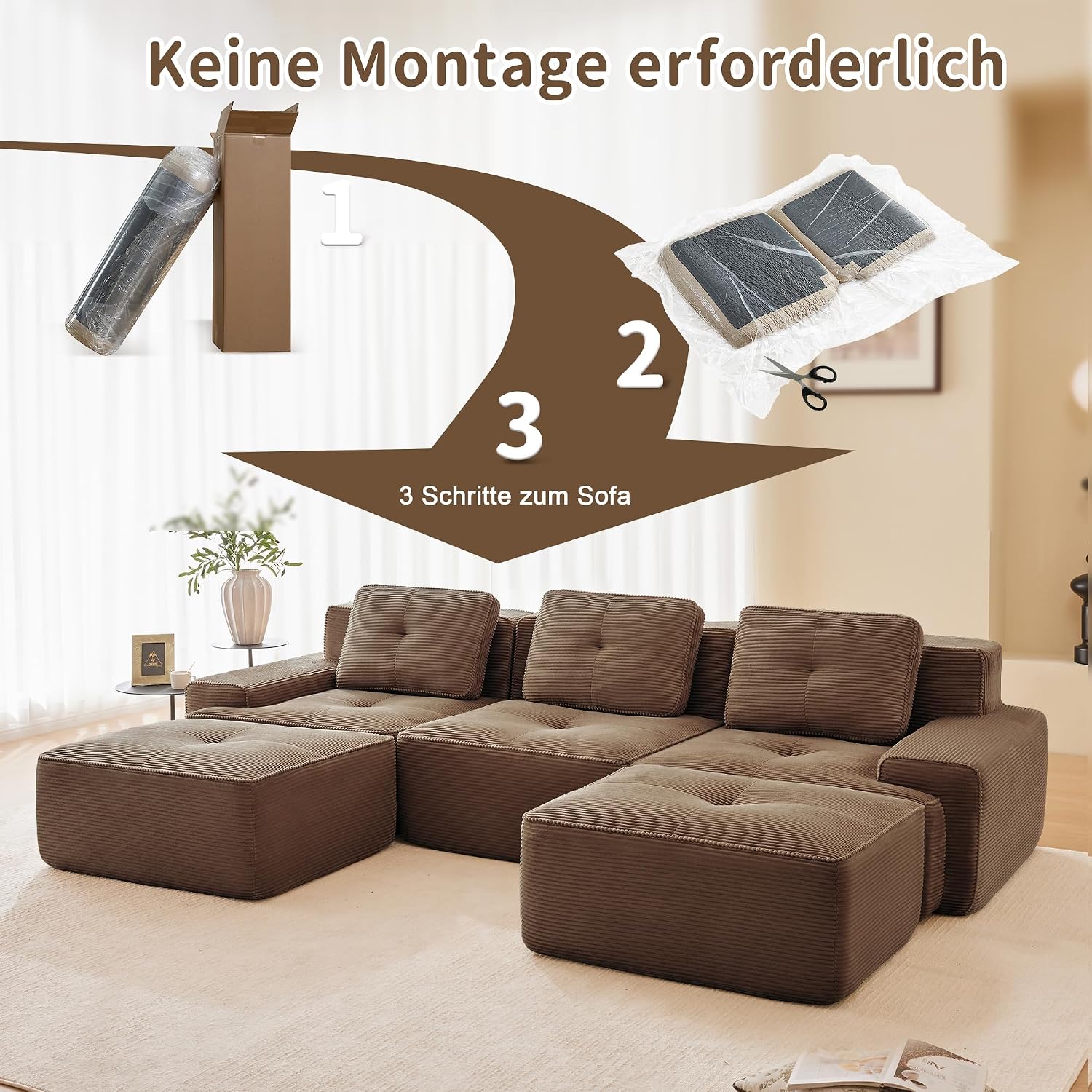 Canapé modulable en L Bladez – 3+1 places – Tissu côtelé kaki clair – Assise profonde