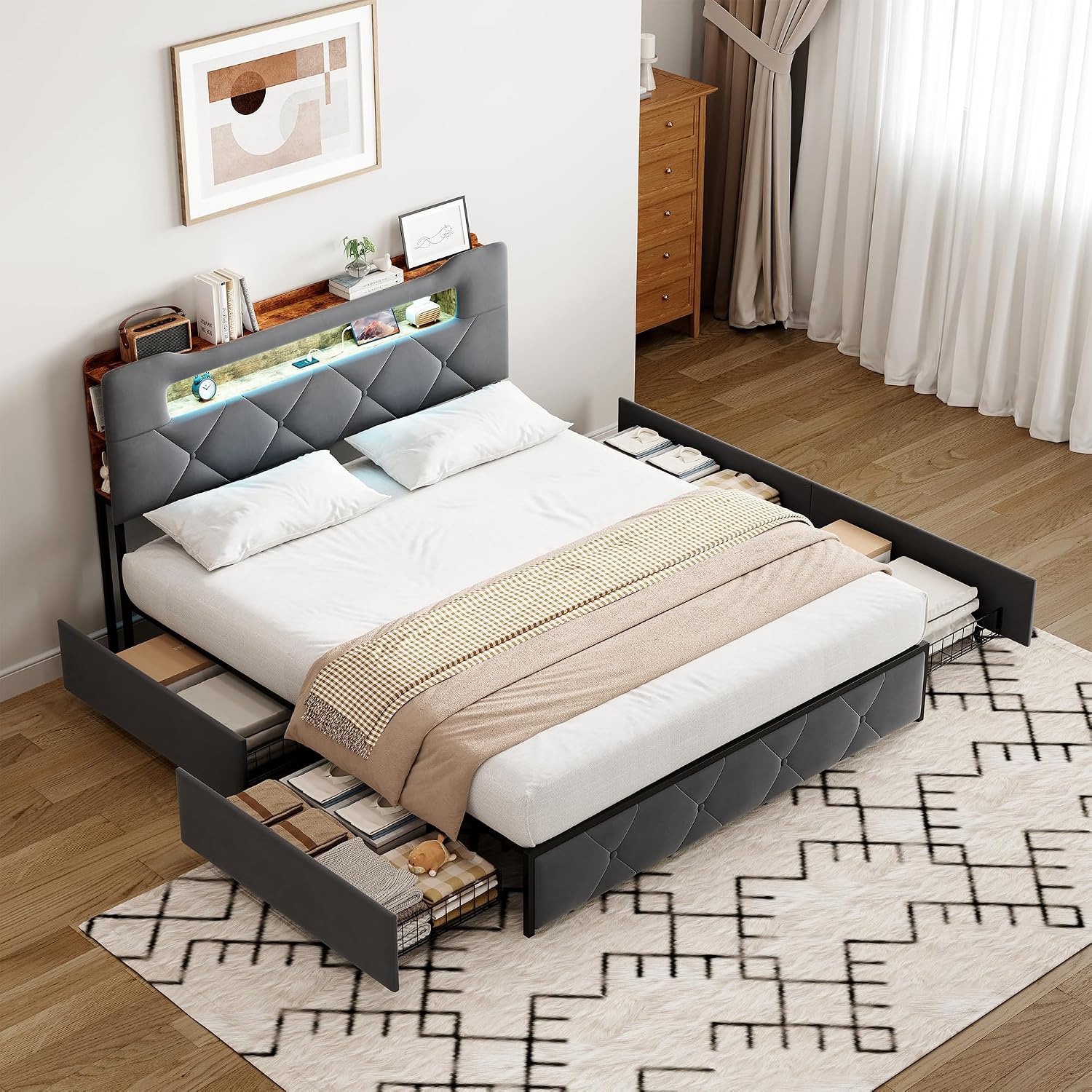 Lit Double 140x200 cm – 4 Tiroirs de Rangement, Éclairage LED +6000 Couleurs & Tête de Lit Réglable en PU