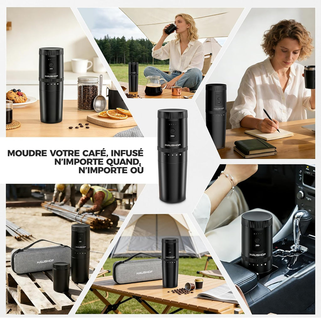 HAUSHOF Draagbare alles-in-één koffiezetapparaat met geïntegreerde molen, 5 maalinstellingen, USB-C oplaadbaar, 300 ml, ideaal voor reizen en kamperen, zwart