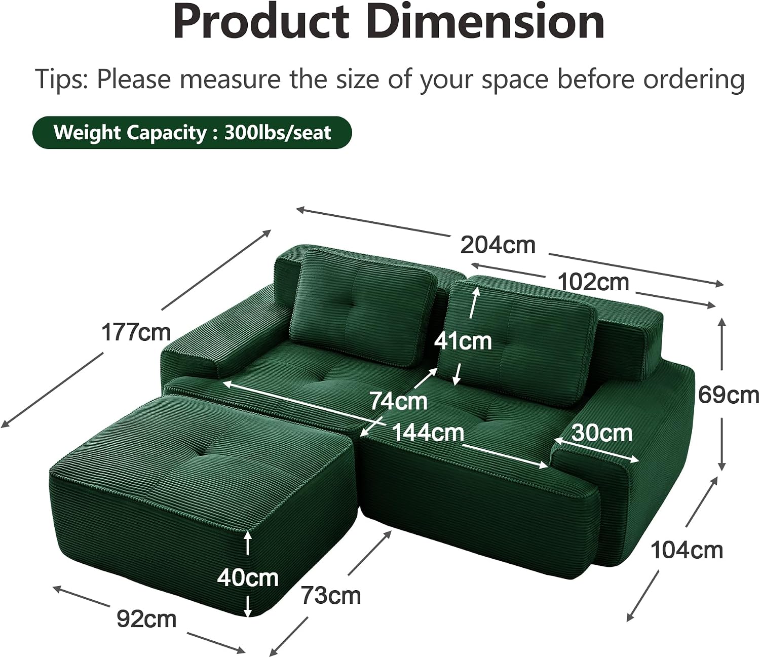 Canapé modulable en L Bladez – 3+1 places – Tissu côtelé kaki clair – Assise profonde