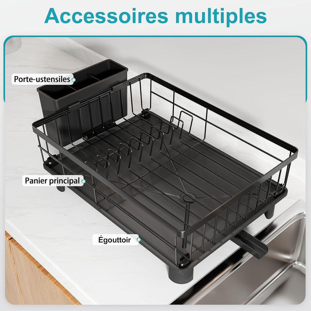 Égouttoir à Vaisselle MAJALiS Noir – Inox, Drainage Auto 360°, Porte-ustensiles, 38 x 28 cm