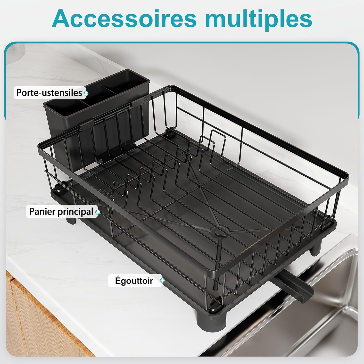 Égouttoir à Vaisselle MAJALiS Noir – Inox, Drainage Auto 360°, Porte-ustensiles, 38 x 28 cm