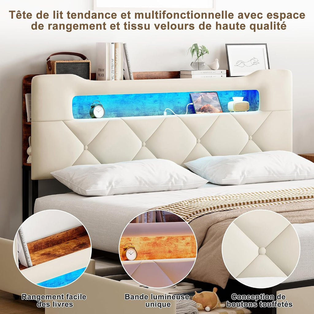 Lit Double 140x200 cm – 4 Tiroirs de Rangement, Éclairage LED +6000 Couleurs & Tête de Lit Réglable en PU
