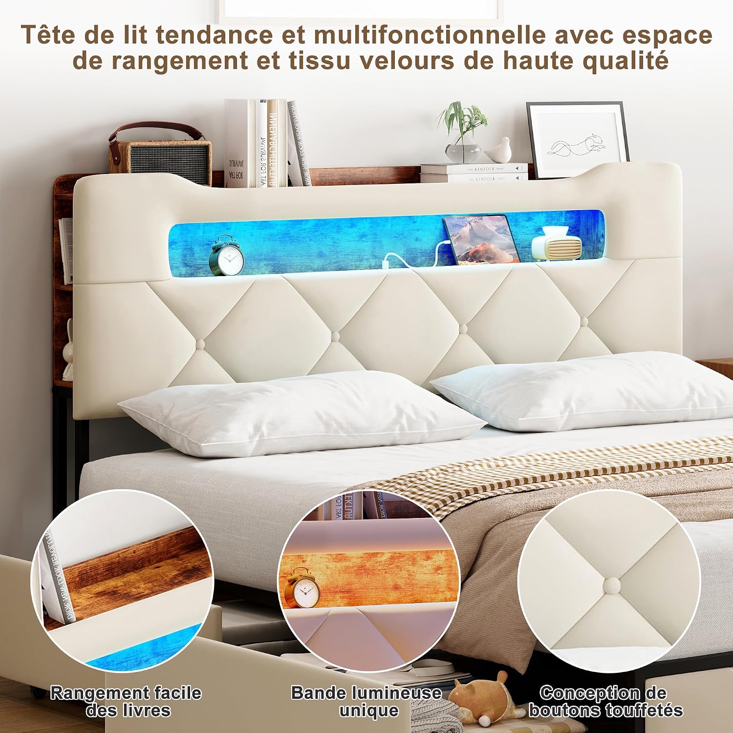 Lit Double 140x200 cm – 4 Tiroirs de Rangement, Éclairage LED +6000 Couleurs & Tête de Lit Réglable en PU