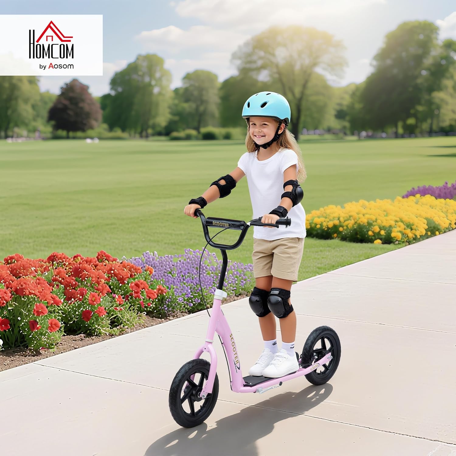 HOMCOM Scooter met banden, 30 cm, hoogte verstelbaar stuur, handgreep rem en standaard